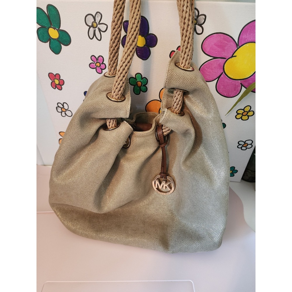 Michael Kors Marina Large Drawstring Tote Metallic Gold Rope Handle Hobo MK - Picture 13 of 16